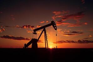 AI generated Oil pump jack backlit by the setting sun photo