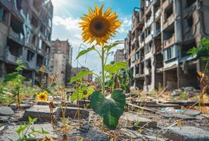 AI generated Sunflower grows in the ruins of the destroyed city photo