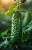 AI generated Cucumbers growing in greenhouse. A cucumber hanging on the vine photo