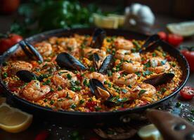 ai generado tradicional Mariscos paella en el freír pan en de madera antiguo mesa foto