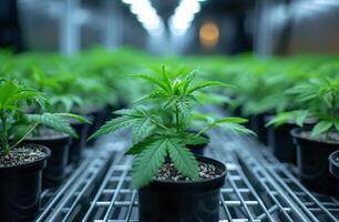 AI generated Cannabis plants growing in pots in greenhouse. A cannabis leaf is grown in a lab room on the plant photo