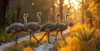 AI generated Four ostriches walking on road at sunset. Ostrich farm photo