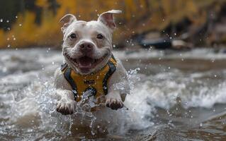 ai generado contento perro es corriendo mediante el agua con amarillo vida chaleco en. foto