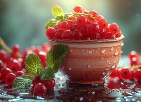 AI generated Red currants in bowl on dark background photo