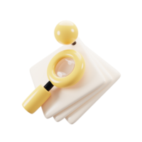 clavado papel sábana icono con amarillo aumentador vaso. 3d representación ilustración png
