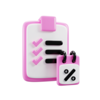 3d rendering cartoon style clipboard with percent icon. Discount icon concept png