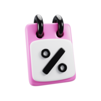 3d rendering cartoon notepad icon with percent symbol. Discount icon concept png