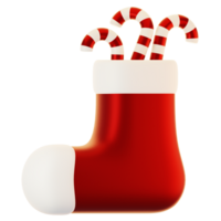 3d Renderização vermelho meia com doce bengala. 3d Renderização Natal ícone conceito png