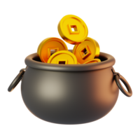 3d rendering gold coin pot icon. Chinese new year icon concept png