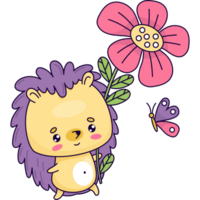 Hedgehog with flower and butterfly png