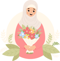 Cute islamic woman in hijab with bouquet png