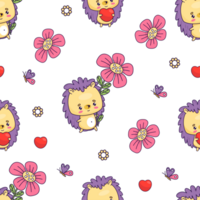 Seamless pattern with happy  hedgehog with heart and flower png