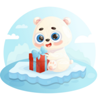 Cute  polar bear with gift on ice floe png