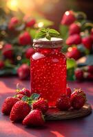 AI generated Strawberry jam in glass jar and fresh berries on wooden table photo