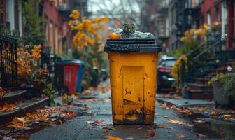 ai generado amarillo basura lata es desbordante con hojas y calabaza. foto