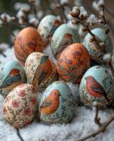 ai generado Pascua de Resurrección huevos y aves en el nieve foto