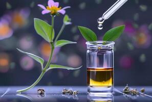 AI generated Pipette is dropping essential oil into glass. A dropping test in lab photo