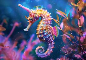 AI generated Sea horse swimming in the corals. photo