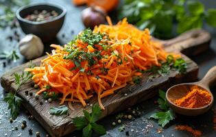 AI generated Fresh grated carrot salad with parsley garlic and spices on wooden cutting board photo