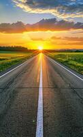 AI generated Asphalt road and green fields against dramatic sunset photo