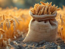 AI generated Grain of wheat bag in a field. Wheat ears and bag on the field photo