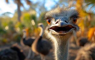 AI generated Ostrich looking at the camera with open beak. An ostrich standing next to other ostriches in an enclosure photo