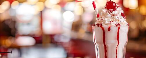 AI generated Milkshake with whipped cream cherry topping photo