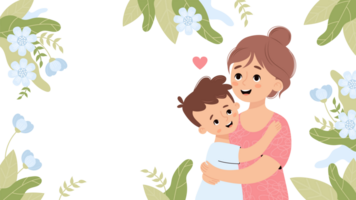 Happy woman mom hugs son floral banner png