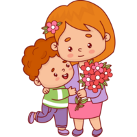 Woman with her son and bouquet png