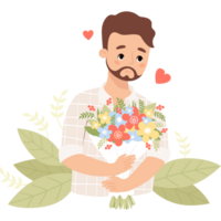 Cute bearded man with bouquet png