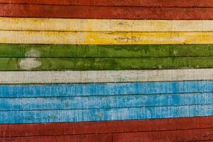 colorfull old painted horizontal wooden plank with crack and scratches background photo