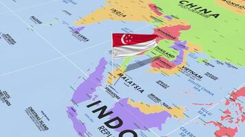 Singapore Flag Waving in Wind, World Map Rotating around Flag, Seamless Loop, 3D Rendering video