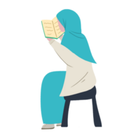 Illustration graphic of full body of Muslim women sit on the chair with a book on her hands reading a book. png