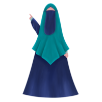 Full body of Muslim woman illustration in niqab with raised hand pointing to the side on transparent background. png