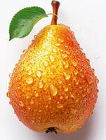 AI generated Pear with drops of water on white background photo