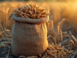 ai generado trigo orejas en bolso y trigo campo en el antecedentes. grano de trigo bolso en un campo foto