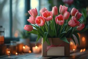 ai generado hermosa Fresco flores en florero y regalo caja en de madera mesa en antecedentes de ventana foto