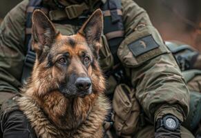 AI generated Fotografia german shepherd military working dog sitting on the knee of soldier photo