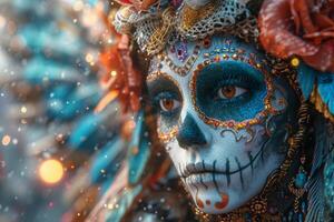 AI generated Close-up portrait of woman with sugar skull makeup photo