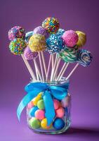 AI generated Colorful cake pops in jar and blue bow on purple background photo