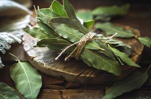 AI generated Bay leaves tied with string on wooden board photo