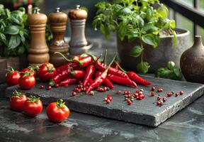 AI generated Red hot chili peppers and cherry tomatoes with basil and spices on black stone board photo