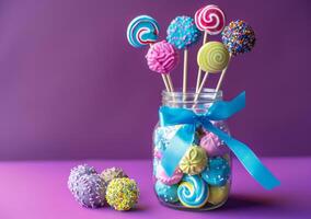 AI generated Colorful lollipops and marshmallows in glass jar on purple background photo