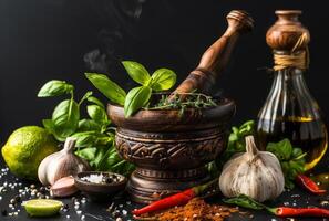 AI generated Mortar and pestle with spices and herbs on black background photo