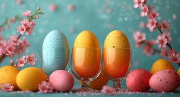 AI generated Easter eggs in glass. A bunch of colored eggs in glasses photo