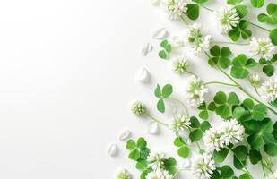 AI generated Clover flowers and leaves in corner on white background photo