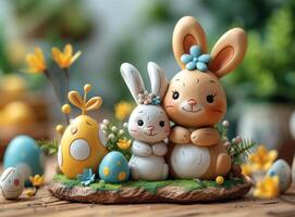AI generated Cute Easter bunny and his family in spring garden photo