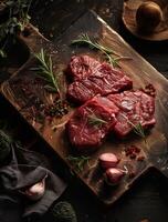 AI generated Raw beef steaks and vegetables on wooden cutting board photo