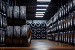 AI generated Tires for sale at tire store. A stack of new tires in the shop photo