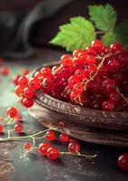 AI generated Red currants in bowl on dark rustic background photo